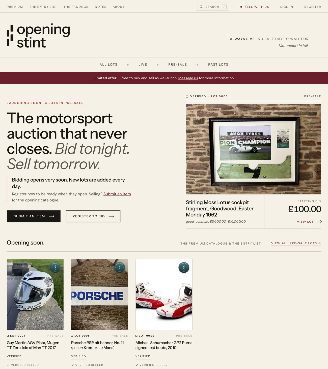 Opening Stint homepage showing a featured Stirling Moss lot and pre-sale lots including a Guy Martin helmet and Michael Schumacher signed boots
