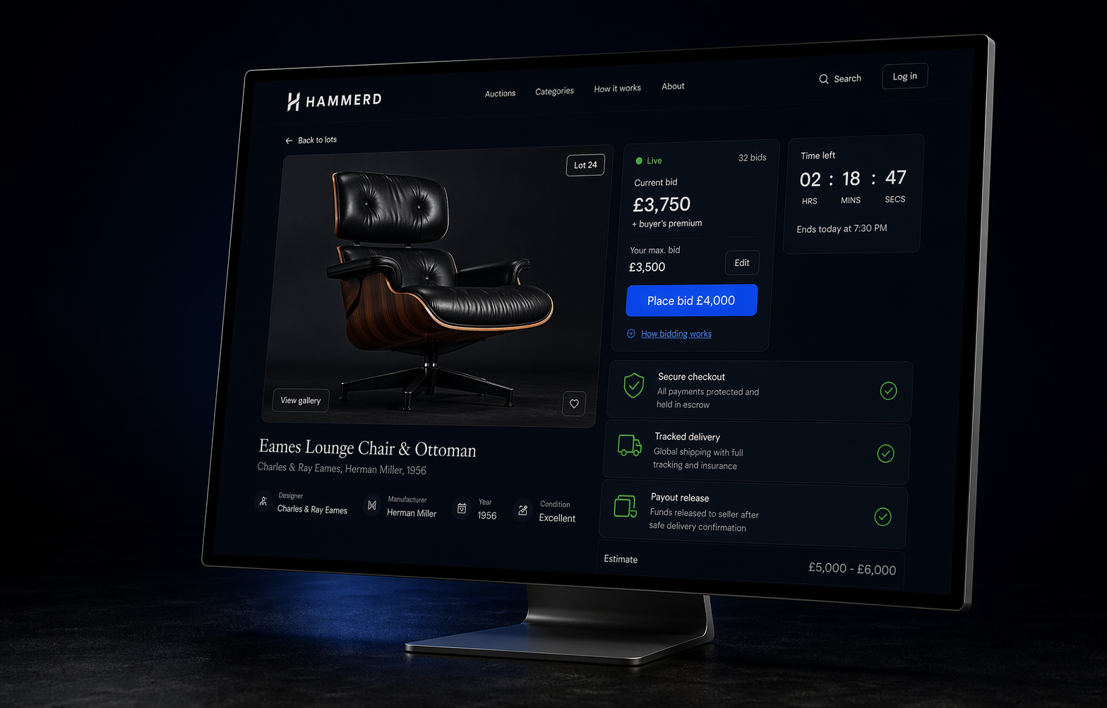 Hammerd auction storefront showing a lounge chair listing with bid state, secure checkout, tracked delivery, and payout release