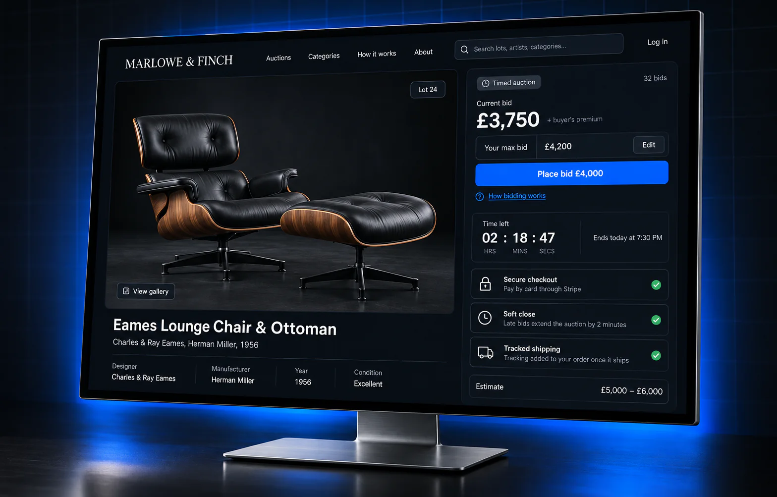 Branded auction storefront showing a timed-auction lot for an Eames lounge chair with the current bid, a maximum bid, countdown, secure checkout, soft close, and tracked shipping