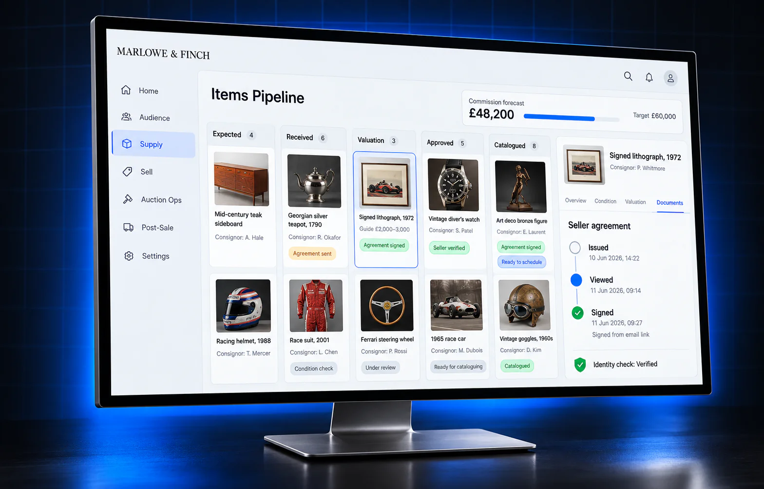 Auction house admin console showing the Items Pipeline board from expected to catalogued, a commission forecast against target, and a seller agreement signed from an email link with the identity check verified
